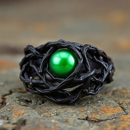 A twisted dark root entangled ring with a smooth green pearl