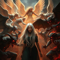 A dramatic scene of angels versus demons, with a young adult woman with long white hair at the center