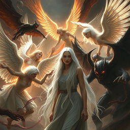 A dramatic scene of angels versus demons, with a young adult woman with long white hair at the center