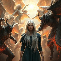 A dramatic scene of angels versus demons, with a young adult woman with long white hair at the center