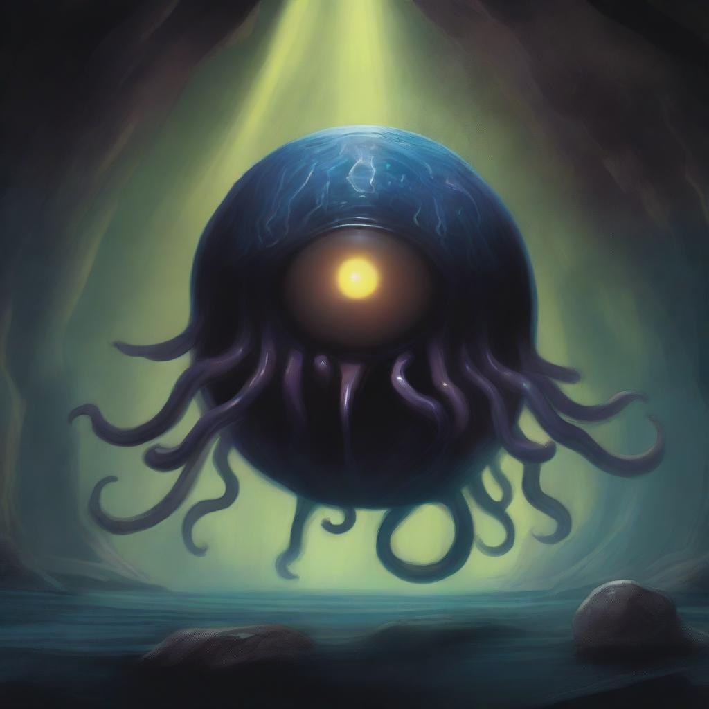 A painting depicting a beholder in a dark, eerie cave, its single large eye wide open, using magic with its tentacles