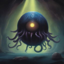 A painting depicting a beholder in a dark, eerie cave, its single large eye wide open, using magic with its tentacles