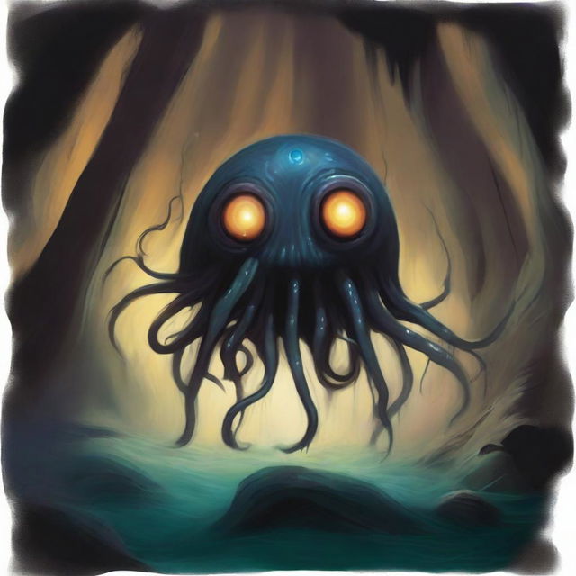 A painting depicting a beholder in a dark, eerie cave, its single large eye wide open, using magic with its tentacles