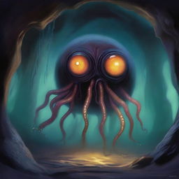 A painting depicting a beholder in a dark, eerie cave, its single large eye wide open, using magic with its tentacles