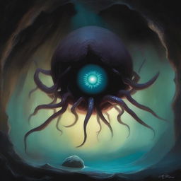 A painting depicting a beholder in a dark, eerie cave, its single large eye wide open, using magic with its tentacles