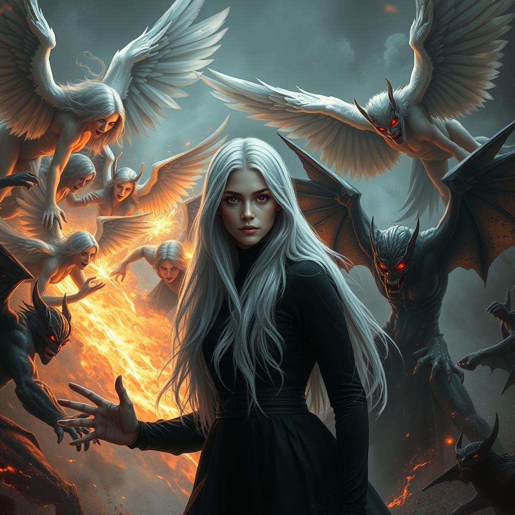 A dramatic scene of angels versus demons, featuring a young adult woman with long white hair and red eyes at the center