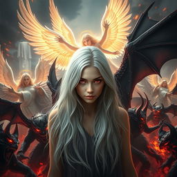 A dramatic scene of angels versus demons, featuring a young adult woman with long white hair and red eyes at the center