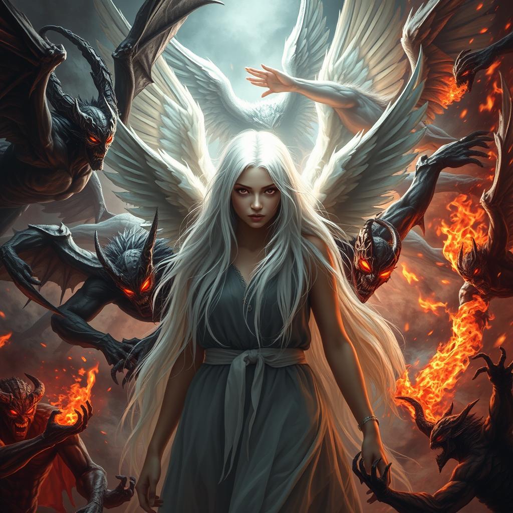 A dramatic scene of angels versus demons, featuring a young adult woman with long white hair and red eyes at the center