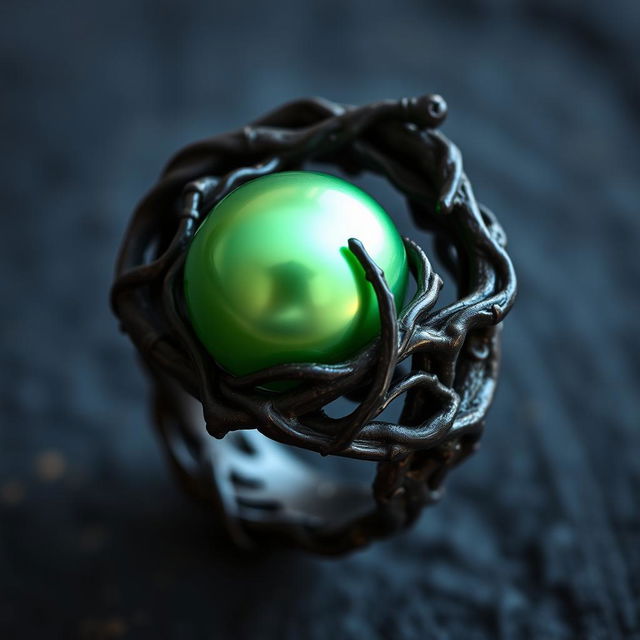 A twisted dark root entangled ring with a smooth green pearl