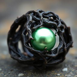 A twisted dark root entangled ring with a smooth green pearl