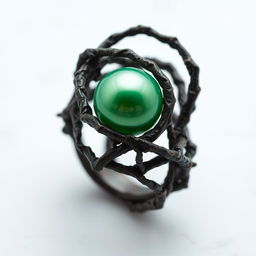 A twisted dark root entangled ring with a smooth green pearl