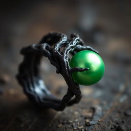 A twisted dark root entangled ring with a smooth green pearl