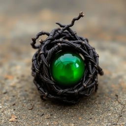 A twisted dark root entangled ring with a smooth green orb