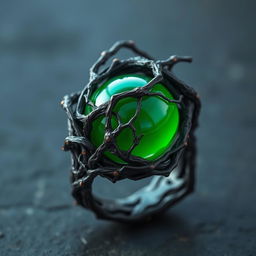 A twisted dark root entangled ring with a smooth green orb