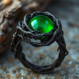 A twisted dark root entangled ring with a smooth green orb