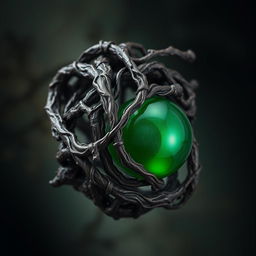 A twisted dark root entangled ring with a smooth green orb