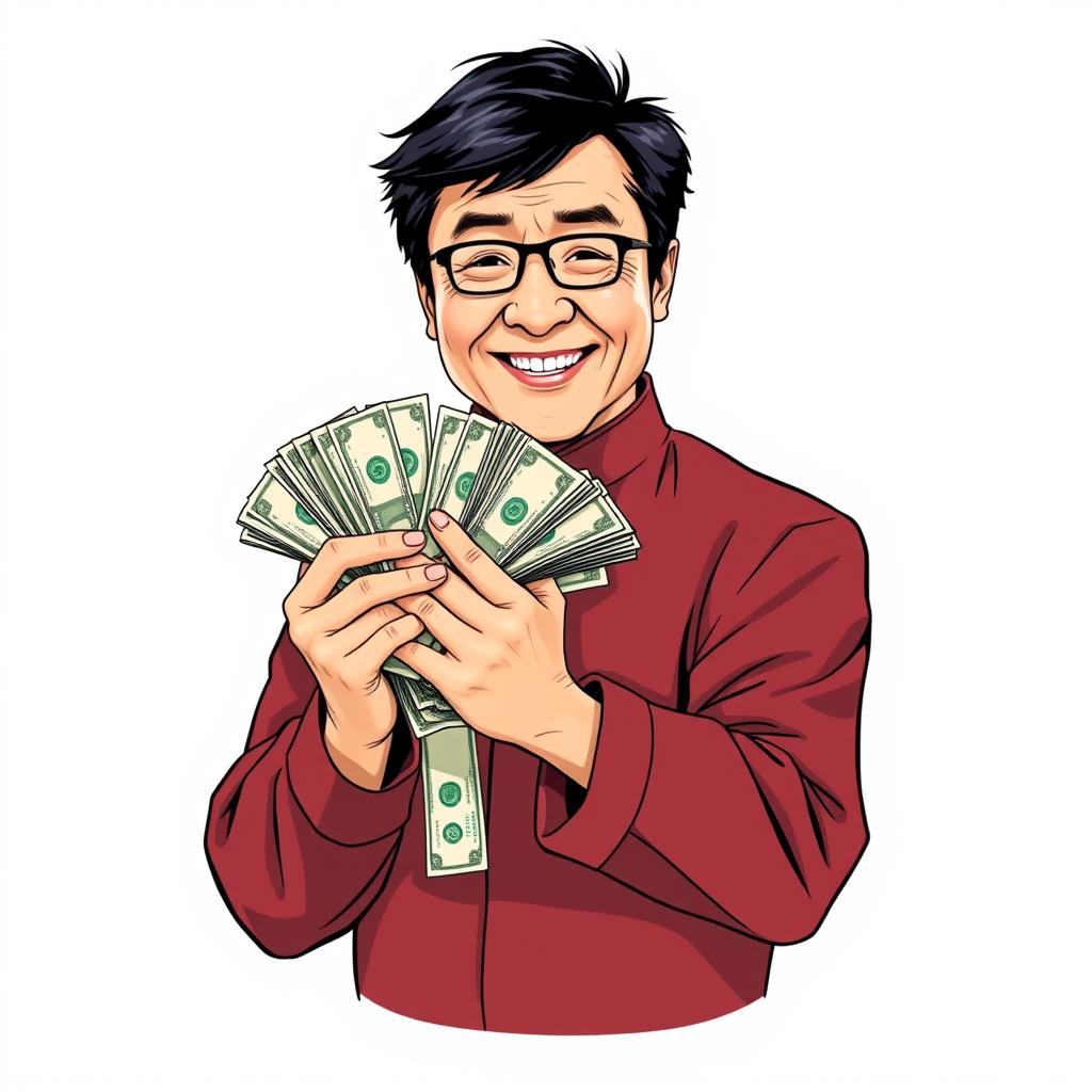 A detailed illustration of Jackie Chan holding a stack of money, wearing a red maroon outfit