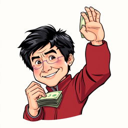 A detailed illustration of Jackie Chan holding a stack of money, wearing a red maroon outfit