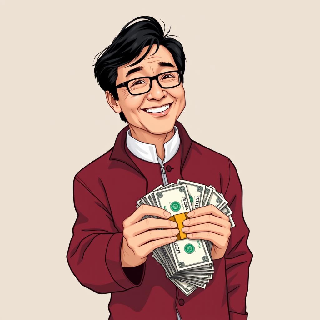 A detailed illustration of Jackie Chan holding a stack of money, wearing a red maroon outfit