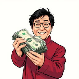 A detailed illustration of Jackie Chan holding a stack of money, wearing a red maroon outfit