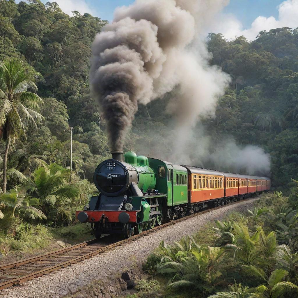 A picturesque scene with a steam train, styled like a vibrant, friendly dinosaur, chugging along a track amidst lush prehistoric jungle scenery.