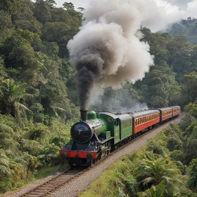 A picturesque scene with a steam train, styled like a vibrant, friendly dinosaur, chugging along a track amidst lush prehistoric jungle scenery.