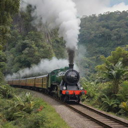 A picturesque scene with a steam train, styled like a vibrant, friendly dinosaur, chugging along a track amidst lush prehistoric jungle scenery.