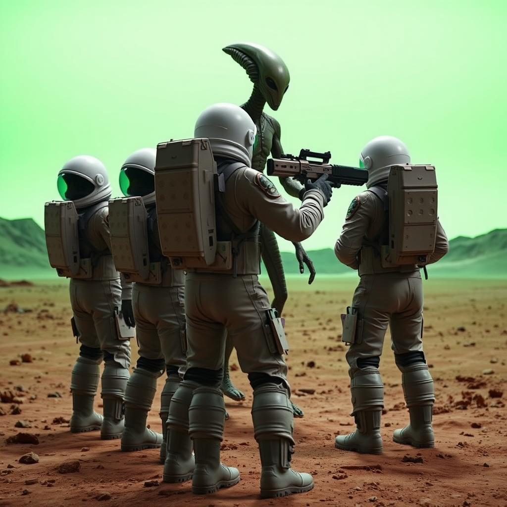 Four astronauts in space suits are standing on a desolate alien planet, looking backwards in shock and fear at an alien holding a futuristic gun