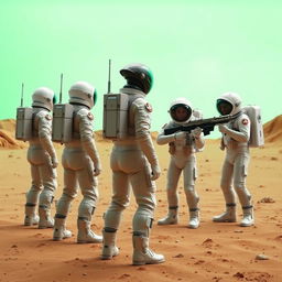 Four astronauts in space suits are standing on a desolate alien planet, looking backwards in shock and fear at an alien holding a futuristic gun