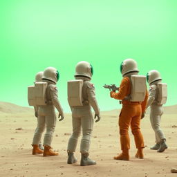 Four astronauts in space suits are standing on a desolate alien planet, looking backwards in shock and fear at an alien holding a futuristic gun