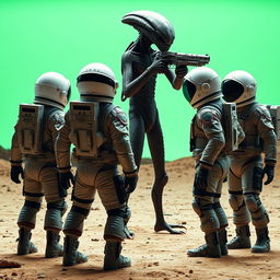 Four astronauts in space suits are standing on a desolate alien planet, looking backwards in shock and fear at an alien holding a futuristic gun