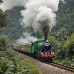 A picturesque scene with a steam train, styled like a vibrant, friendly dinosaur, chugging along a track amidst lush prehistoric jungle scenery.