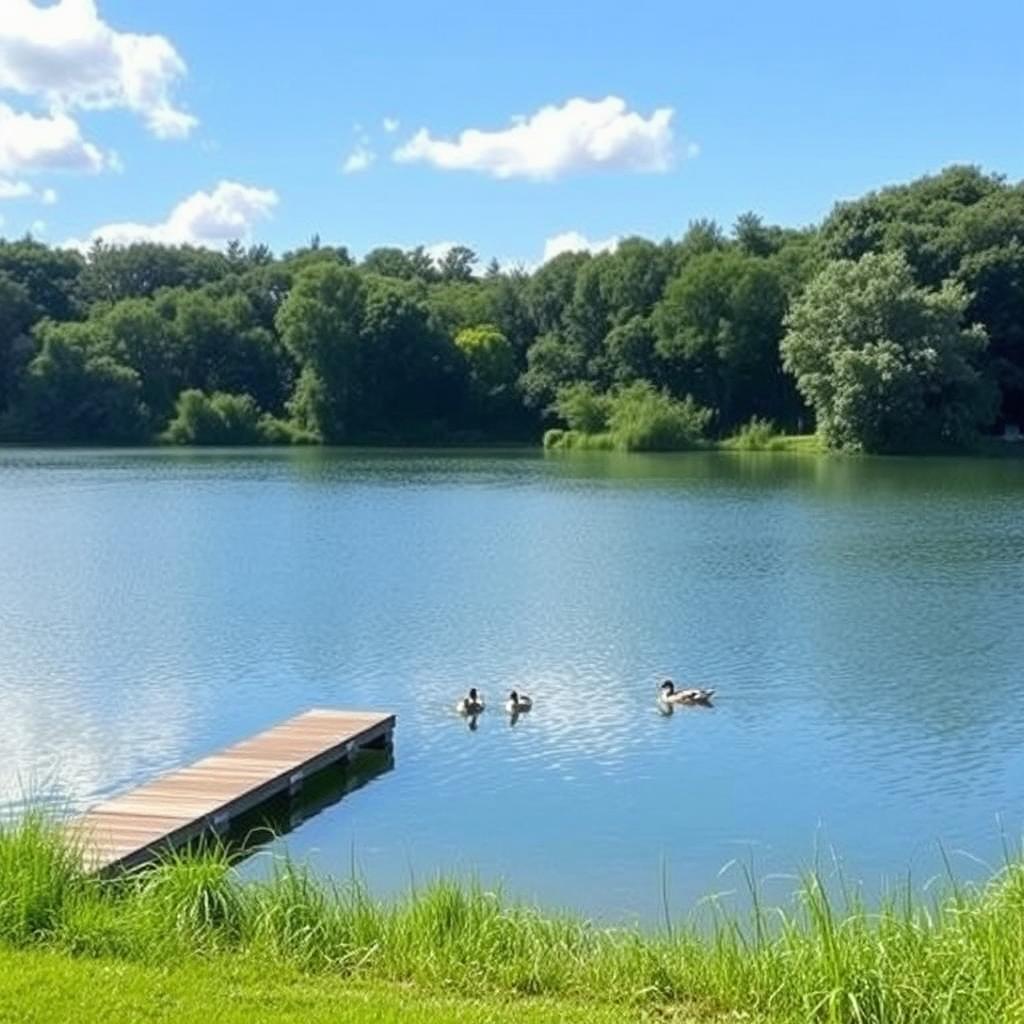 A serene landscape featuring a calm lake surrounded by lush greenery, with a clear blue sky and a few fluffy clouds