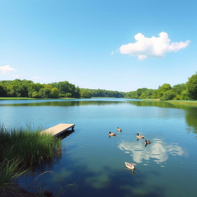 A serene landscape featuring a calm lake surrounded by lush greenery, with a clear blue sky and a few fluffy clouds