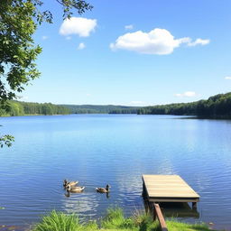 A serene landscape featuring a calm lake surrounded by lush greenery, with a clear blue sky and a few fluffy clouds