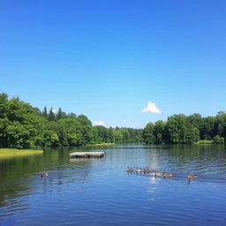 A serene landscape featuring a calm lake surrounded by lush greenery, with a clear blue sky and a few fluffy clouds