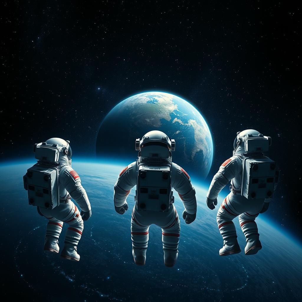 Four astronauts in space suits are floating in the vast expanse of space, looking backwards towards a distant Earth