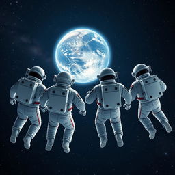 Four astronauts in space suits are floating in the vast expanse of space, looking backwards towards a distant Earth