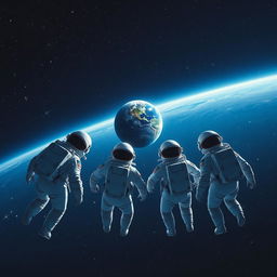 Four astronauts in space suits are floating in the vast expanse of space, looking backwards towards a distant Earth