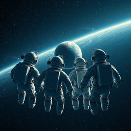 Four astronauts in space suits are floating in the vast expanse of space, looking backwards towards a distant Earth