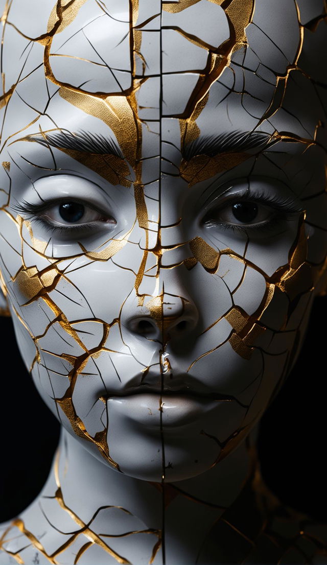 A high-definition, symmetrical image of the back of a glossy porcelain face with gold cracks representing Kintsugi art, dramatically lit for an award-winning photograph.