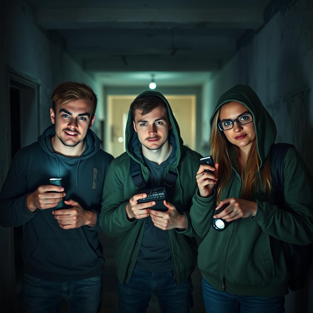 A group of three friends, consisting of two young adult men and one young adult woman, are ghost hunters