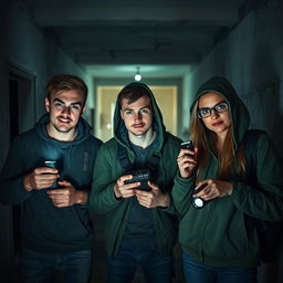 A group of three friends, consisting of two young adult men and one young adult woman, are ghost hunters