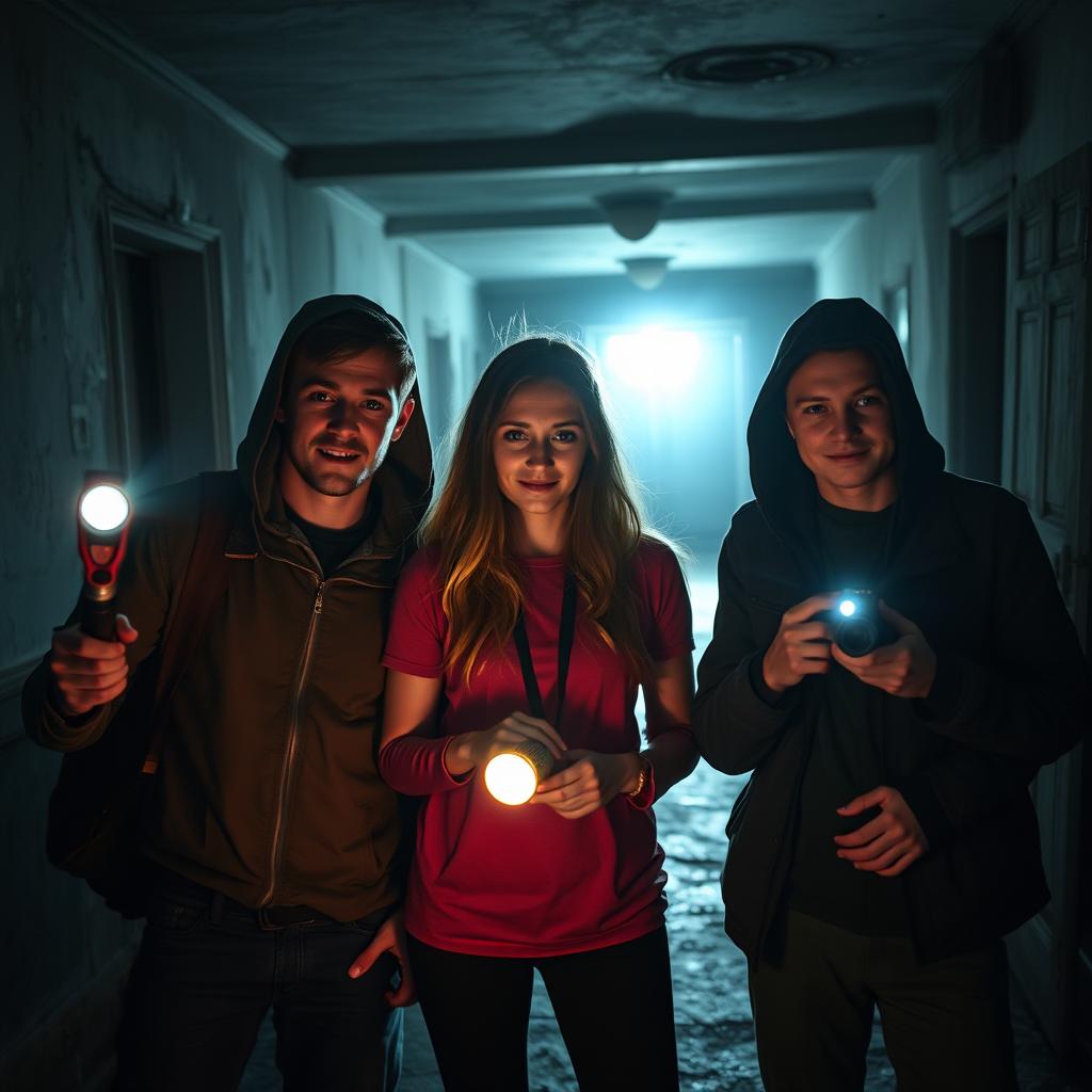 A group of three friends, consisting of two young adult men and one young adult woman, are ghost hunters