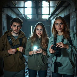 A group of three friends, consisting of two young adult men and one young adult woman, are ghost hunters