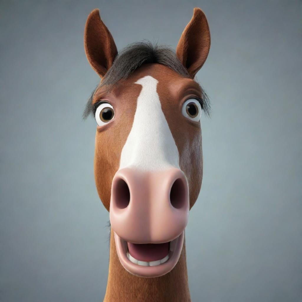 Generate an image of a friendly, cartoon horse with exaggeratedly long face expressing curiosity.