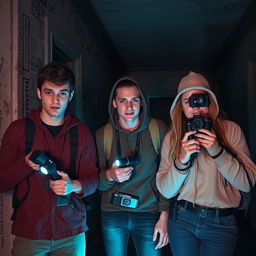 A group of three friends, consisting of two young men and one young woman, are ghost hunters