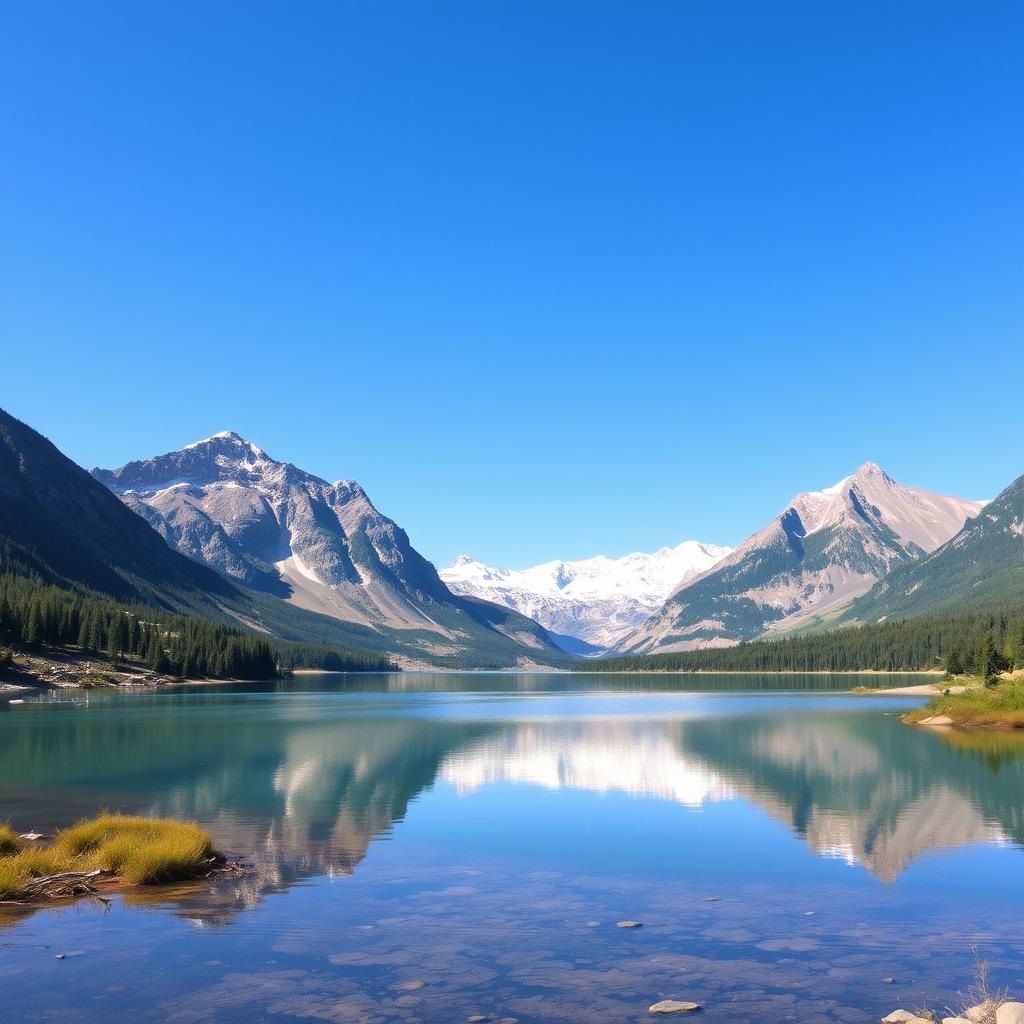 Create an image of a serene landscape with mountains, a clear blue sky, and a tranquil lake reflecting the scenery