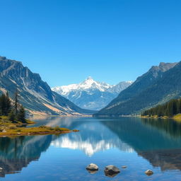 Create an image of a serene landscape with mountains, a clear blue sky, and a tranquil lake reflecting the scenery