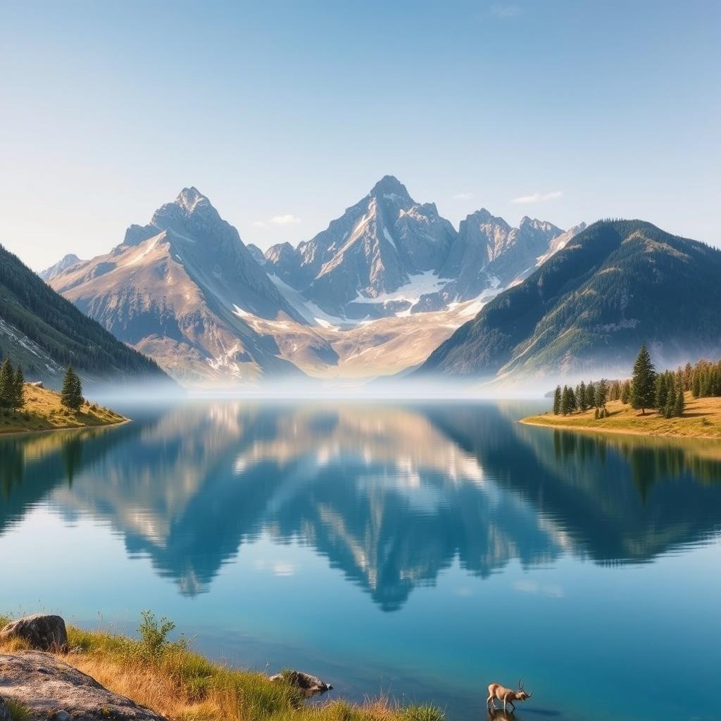 Create an image of a serene landscape with mountains, a clear blue sky, and a tranquil lake reflecting the scenery